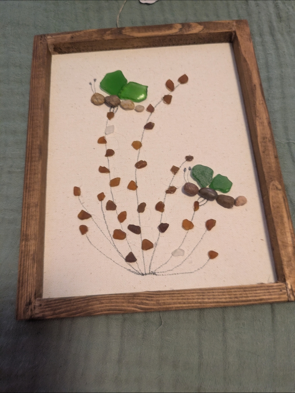 Handcrafted Green Sea Glass & Pebble Wall Art in Wooden Frame